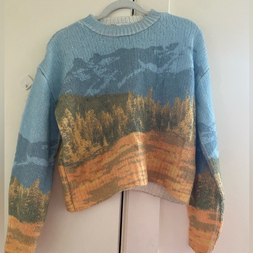 Zara Landscape Jacquard Knit Sweater, Size Small